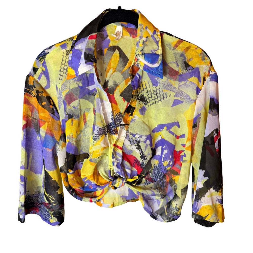 Live‎ 4 Truth Abstract Print Tie Front Cropped Button Up Shirt Womens S Artsy